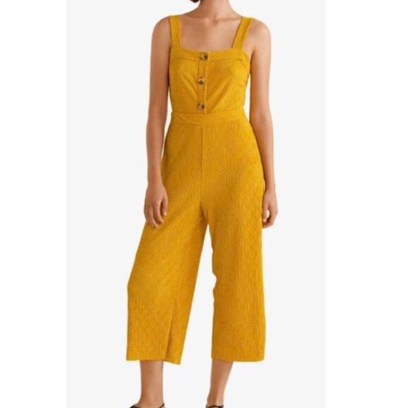 Mango | Cropped Wide Leg Polka Dot Jumpsuit in Mustard Yellow | Size Small - Picture 1 of 10